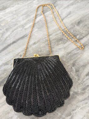 Vintage Black Beaded Clamshell Evening Bag • Gold Chain Convertible Clutch